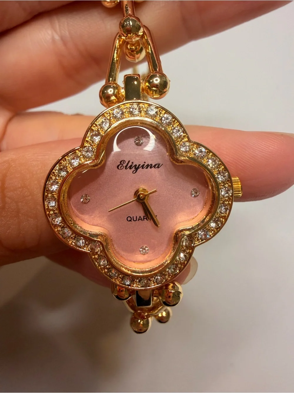 Gold-Tone Pink Dial Flower Quartz Watch